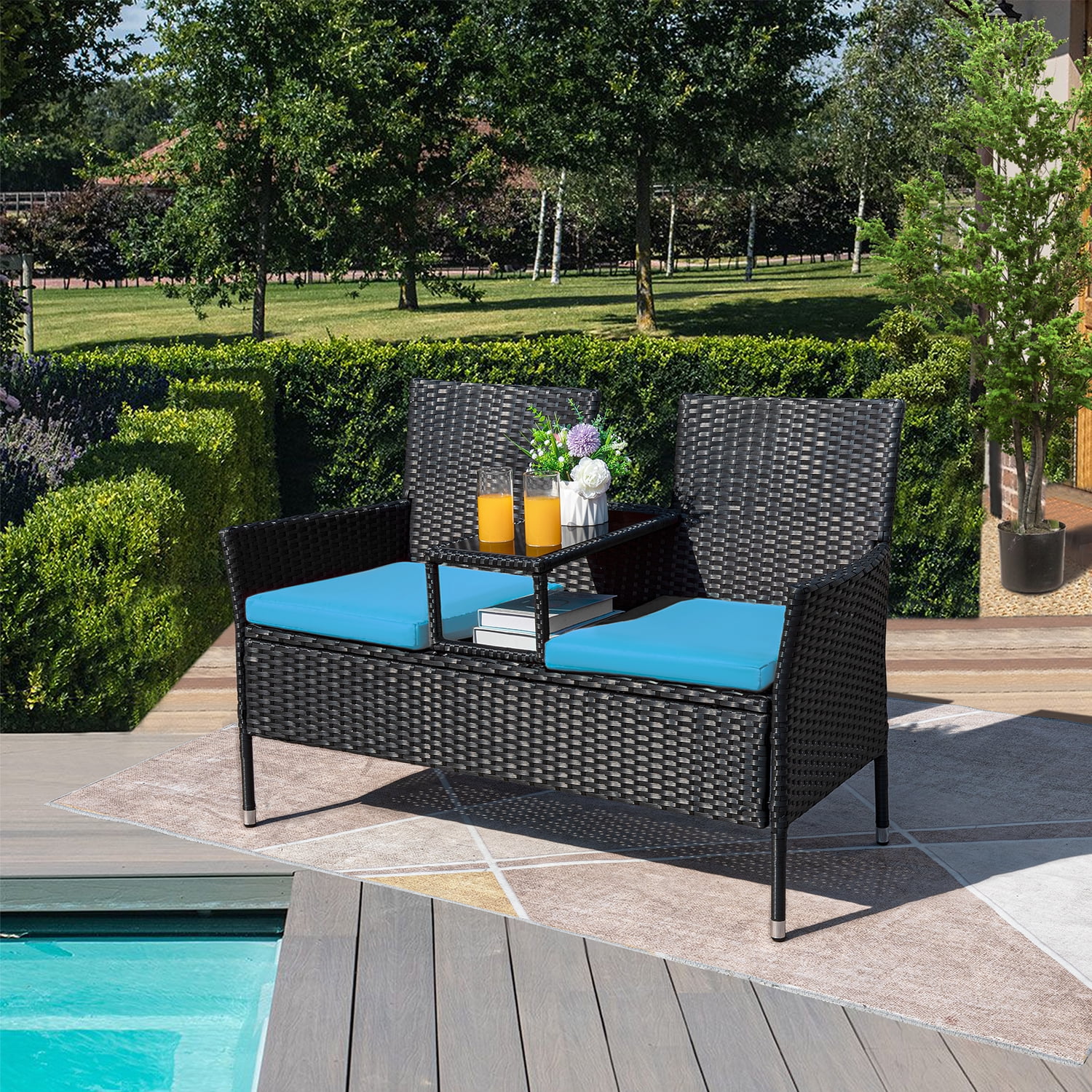 Devoko Outdoor Patio Loveseat Rattan Patio Conversation Furniture Set with Coffee Table, Blue