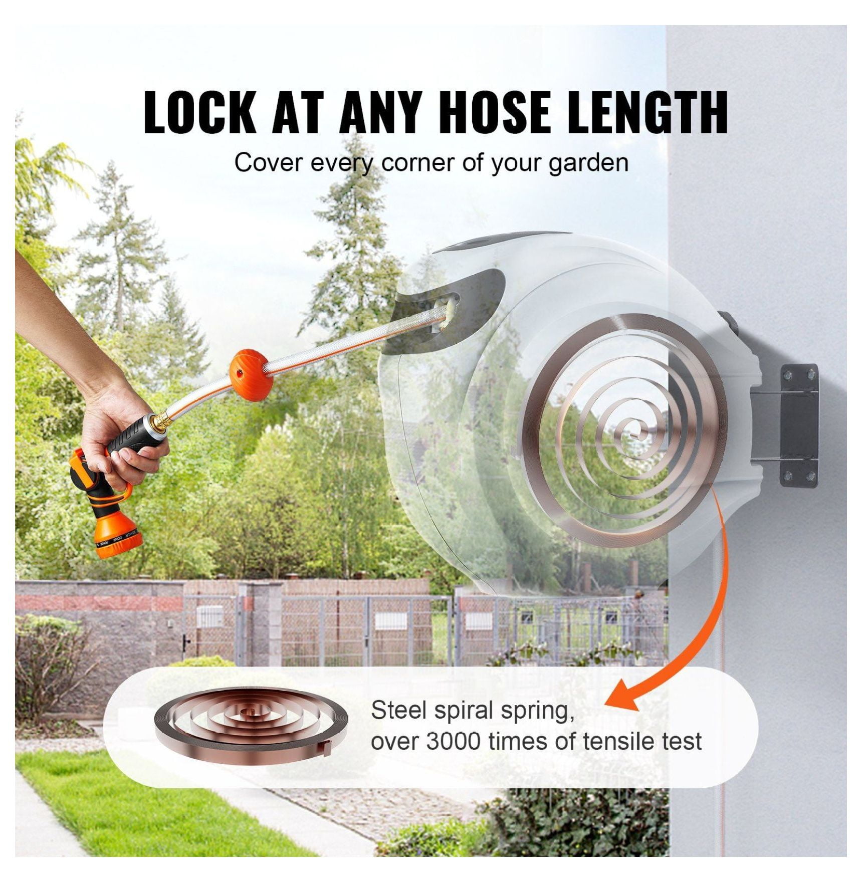 Retractable Hose Reel 115ft x 1/2", Wall Mounted Water Hose Reel with Auto Rewind, 180° Swivel, 9-Pattern Nozzle - Garden, Lawn, Car Washing