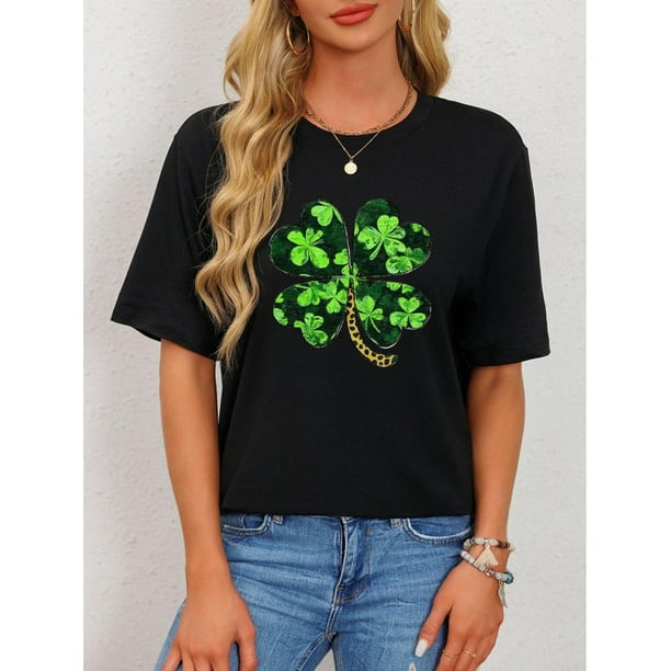 Women's Casual Crew Neck T-Shirt, 95% Polyester 5% Spandex Knit Fabric, All-Season Leopard Print & Four-Leaf Clover Graphic Tee Tee For Adult, Men, Women, Teen, Teenager, Adolescent, Youth