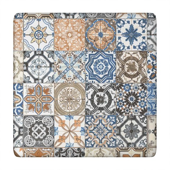 Multicolor Ethnic Geometric Patchwork Pattern Square Fitted Tablecloth with Elastic Edge,Square Table Cover,Washable Elastic Table Cover for Home Kitchen Party Decor 34"x34"