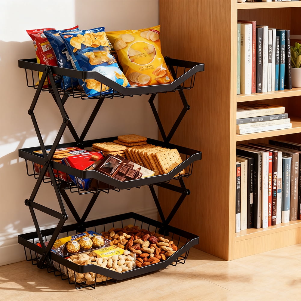 Yucurem 3 Tier Fruit Basket, Stackable Kitchen Cart Wheels, Metal  Rolling Cart for Vegetable, Snacks, Black