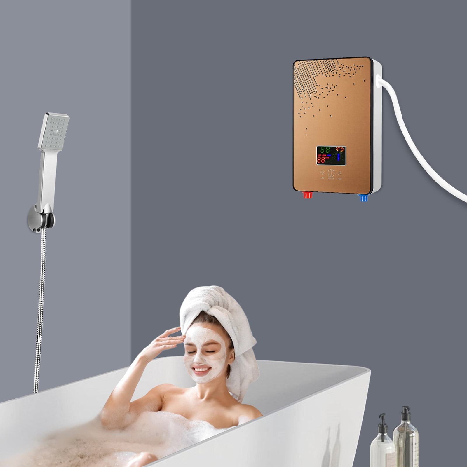 Instant Electric Water Heater - 4500W Tankless System with Constant Temperature, LED Display, Safety Features, and Shower Kit, Gold