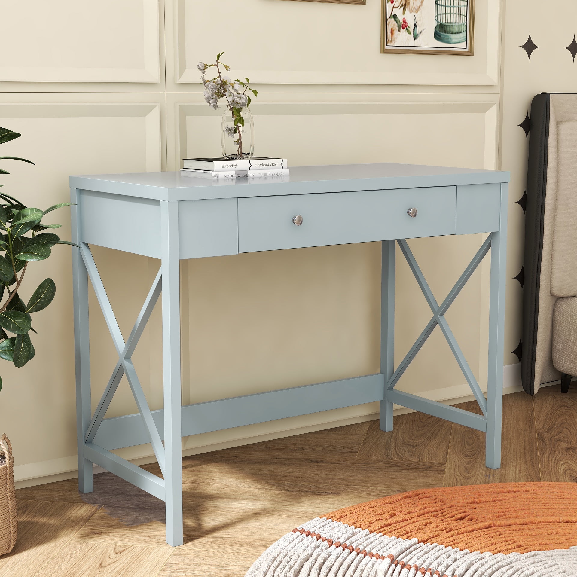 Resenkos Modern Accent Makeup Vanity Dressing Table with Storage Drawer, Study Writing Desk for Home Office, Grey Resenkos Modern Accent Makeup Vanity Dressing Table with Storage Drawer, Study Writing Desk for Home Office, Grey