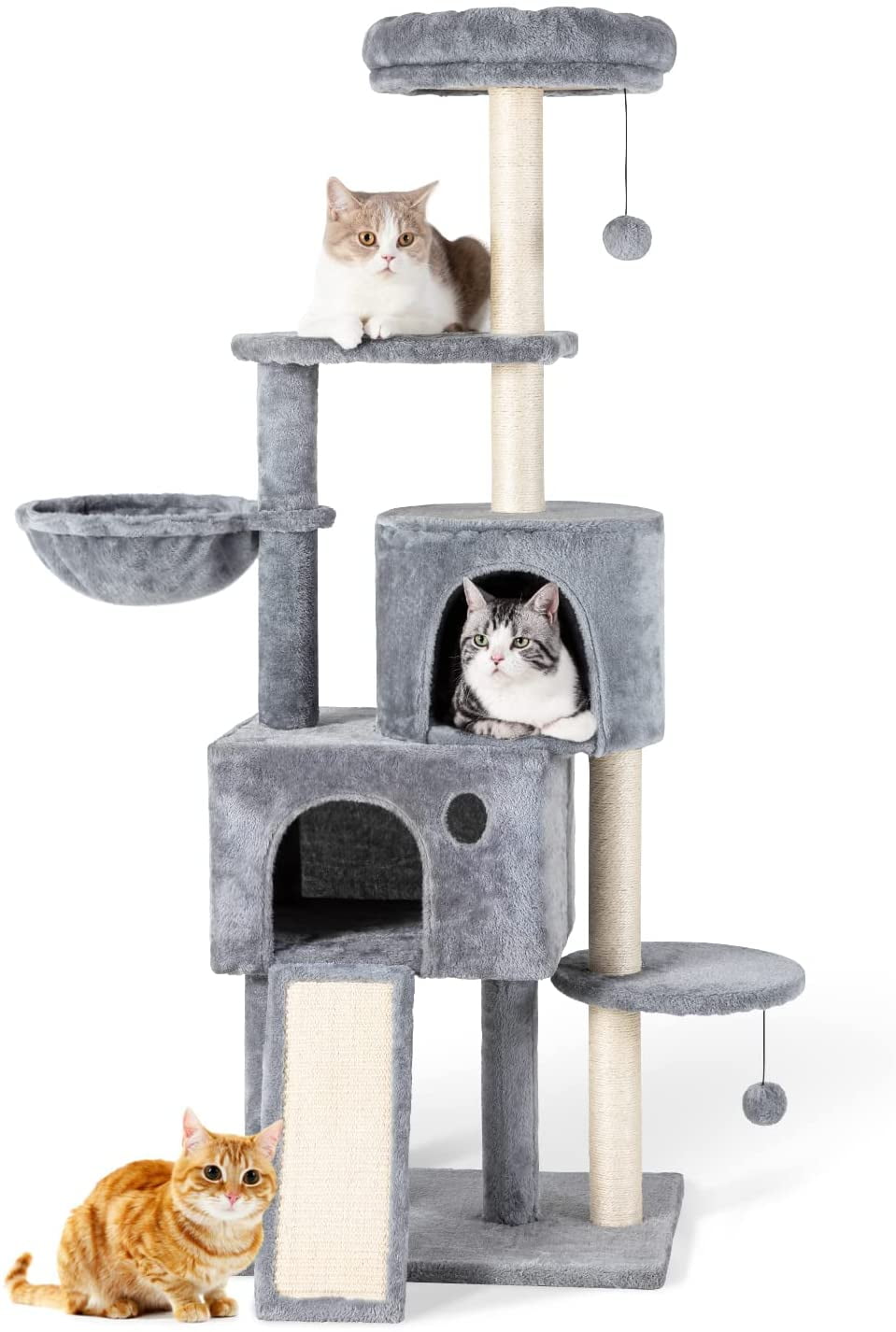 Cat Tower for Indoor Cats Cat Climbing Tower with Plush Hanging Ball Dark Grey Cat Tree with Cat Condo & Hammock Multi-Level Cat Tree with Scratching Posts for Kittens Cats Climbing and Scratching 