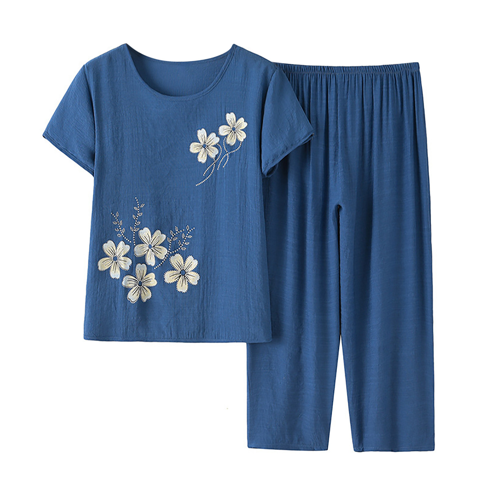 ibuvkizy Two Piece Sets for Women,Summer Casual Outfit Sets,Women Jogger Outfit Plus Size,Women's Summer Cotton Linen Set Short Sleeve Round Neck Printed Tops Pants Set,Womens Clothing