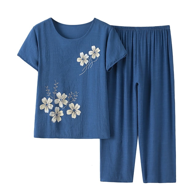 Ensemble Court Deux Pièces pour Femmes Été Coton Lin Ensemble Deux Pièces Manches Courtes Col Rond Hauts Imprimés Pantalons Ensemble Deux Pièces pour Femmes Été Hauts en Lin pour Femmes Été