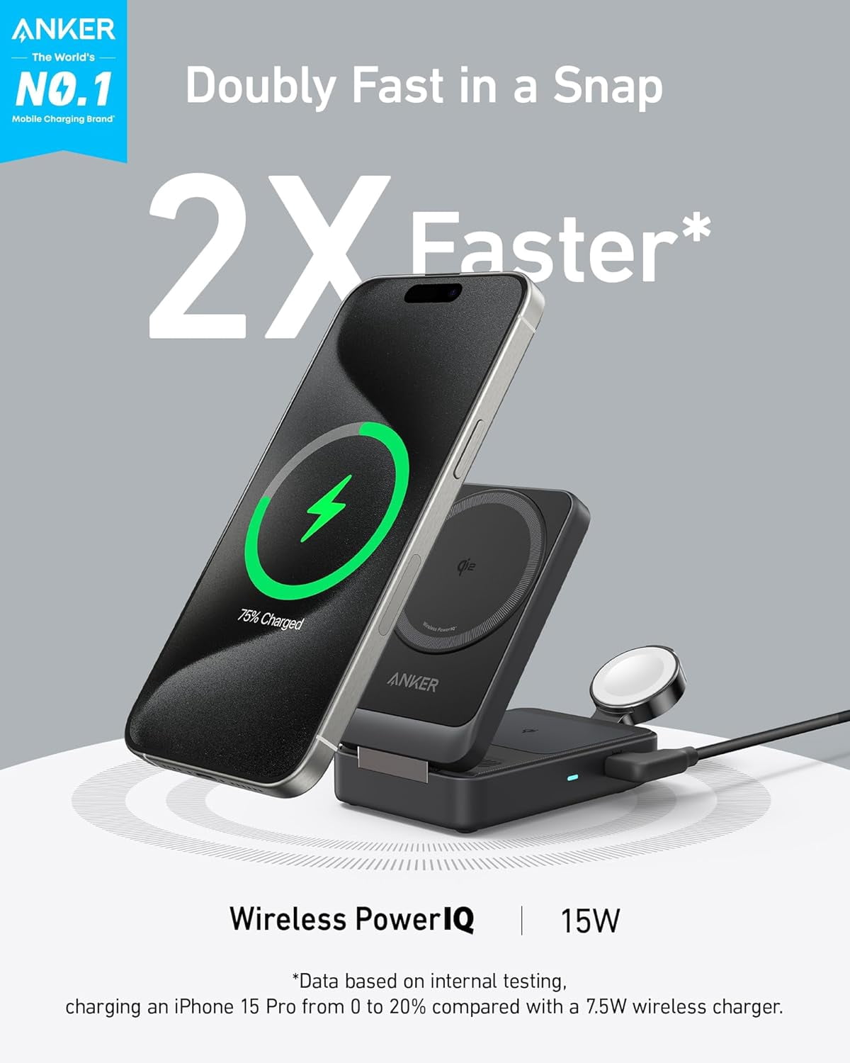 Restored Anker MagGo 3 in 1 iPhone 17 Charging Station, MagSafe-Compatible Wireless Charger Stand (Refurbished)