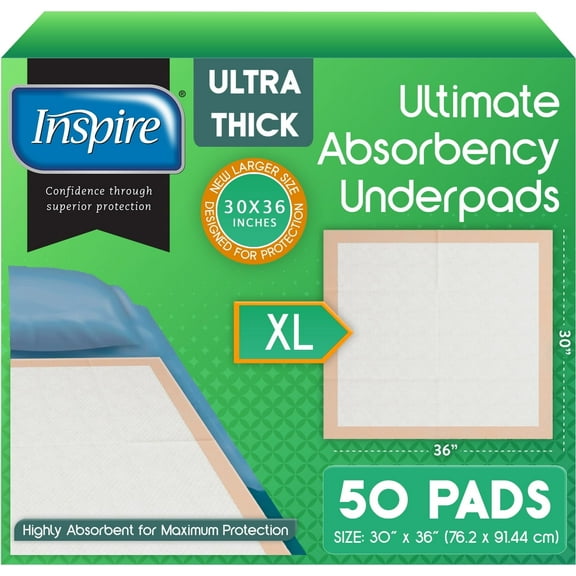 Inspire Extra Large Super Absorbent Disposable Bed Pads for Chronic Incontinence Ultra Thick and Absorbent Bed Pads Disposable Adult | Pee Pads for Adults (30" X 36" Pack Of 50)
