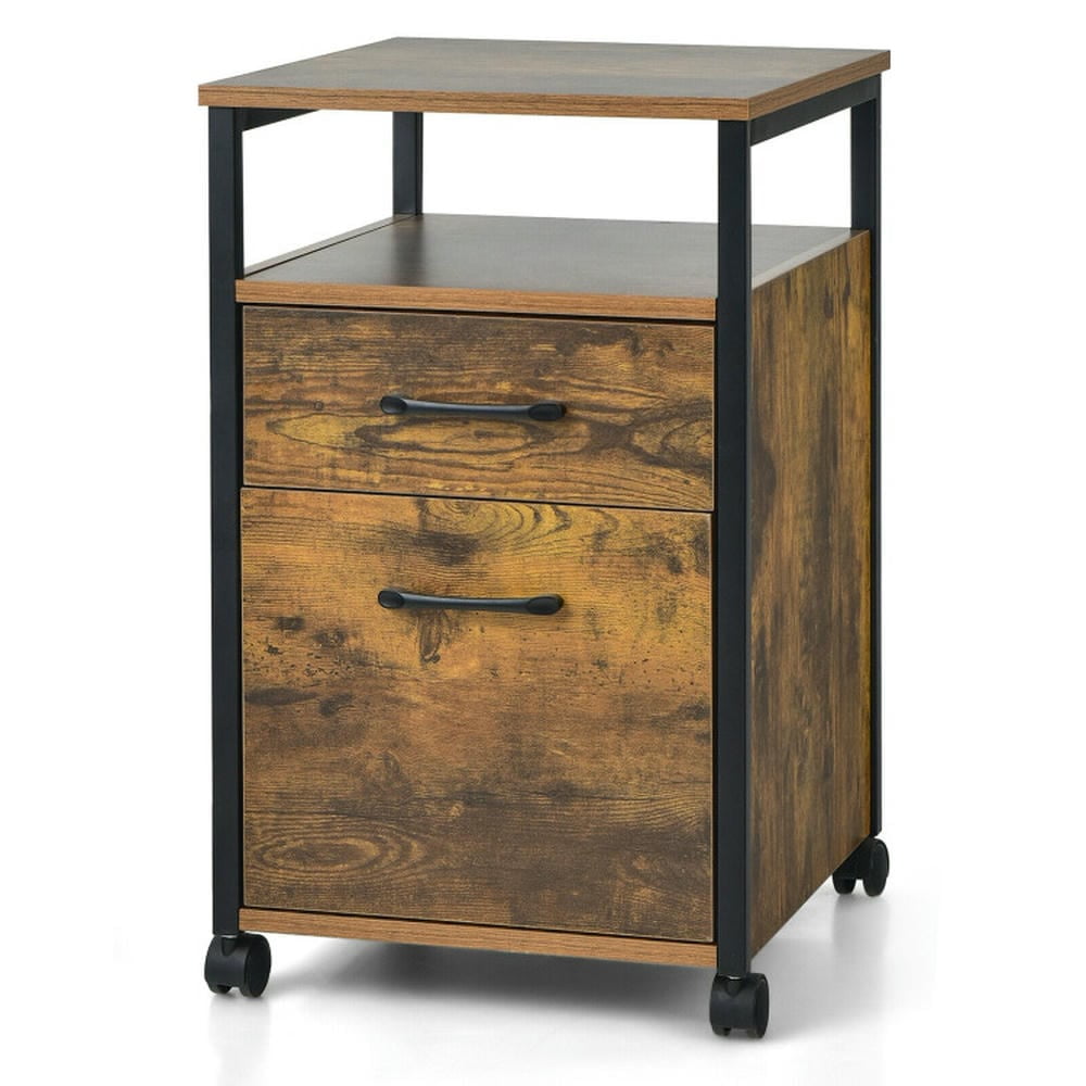 Yardi Yard 2 Drawer Mobile File Cabinet Printer Stand with Open Shelf for Letter Size-Rustic Brown, Desk Drawers, File Cabinet for Home Office