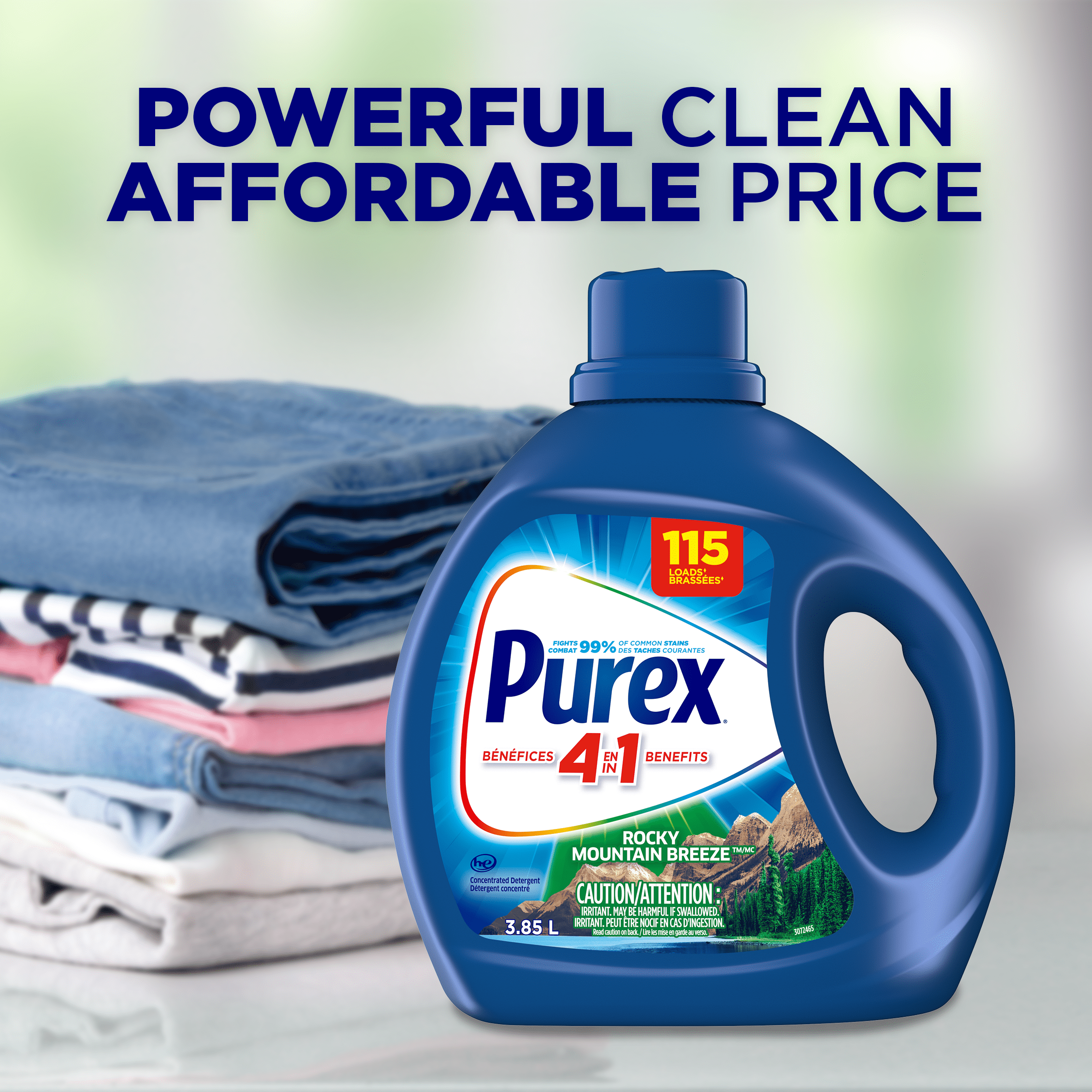 Détergent à lessive liquide concentré avec bénéfices 4-en-1, Purex Rocky Mountain Breeze, puissant contre les taches, ravive les vêtements, 3,85 l, 115 brassées, compatible avec les laveuses HE