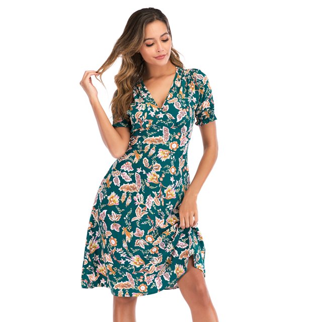 Fridja Robe Imprimée de Vacances à Col en V pour Femmes Robe de Plage à Manches Courtes pour Fête