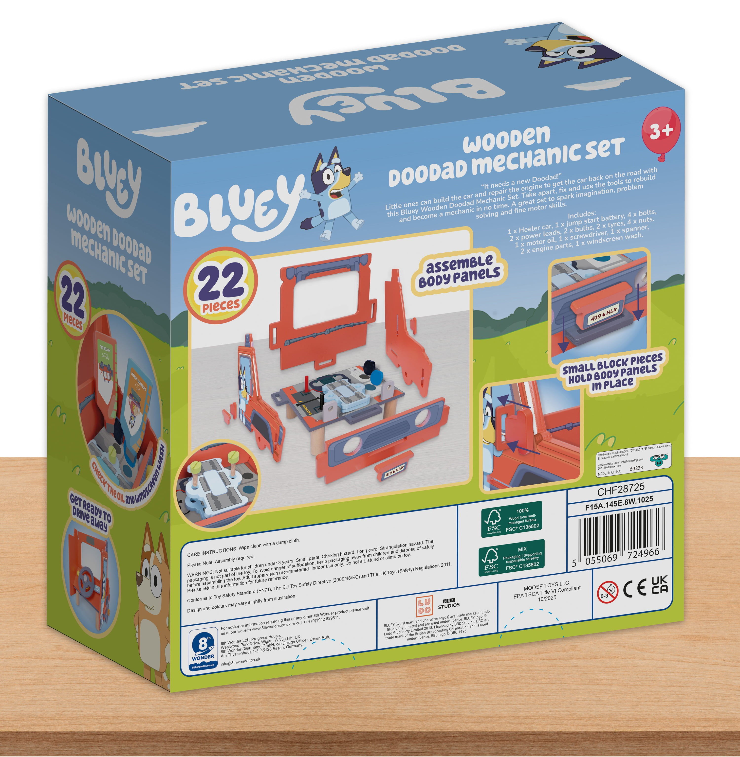 Bluey Wooden Mechanic Tabletop Playset, Build the Car and Repair the Engine, Includes 22 pieces, Ages 3+