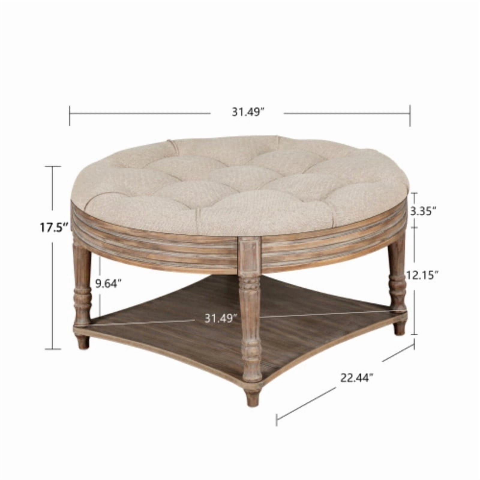 Round Storage Ottoman Coffee Table with Wooden Shelf, Oversized Tufted Upholstered Ottoman with Hidden Storage, Waterproof Linen Footrest for Living Room,Khaki