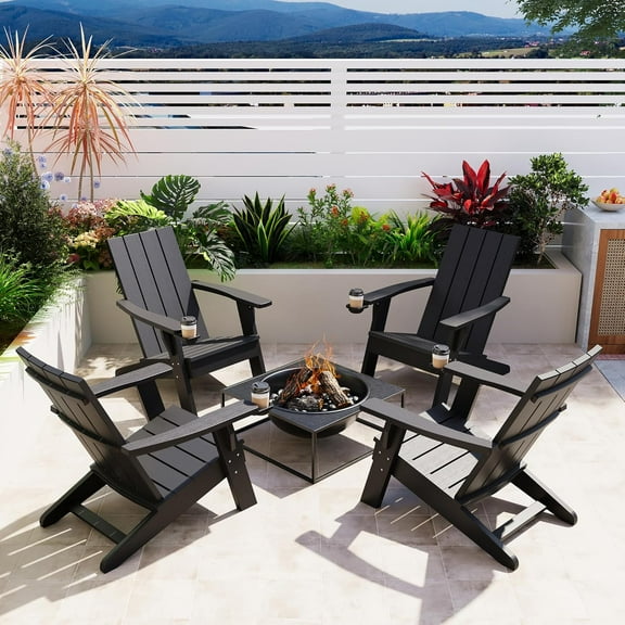 Set of 4 Ergonomic Heavy Outdoor Patio Chairs - All-Weather Pre-Assembled Fire Pit Chairs for Backyard Poolside Balcony (Black)