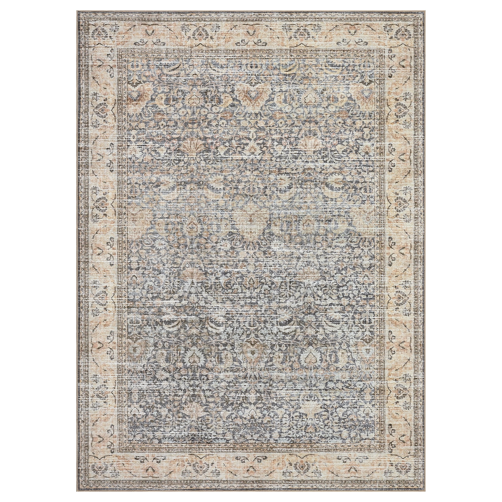 Washable Area Rugs, Beige Yellow 5'X7' Antique Distressed Large Rug for Living Room, Modern Non Slip Stain Resistant Vintage Print Accent Carpet Floor Mat for Bedroom Dining Office Farmhouse