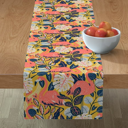 

Cotton Sateen Table Runner 90 - Coral Flamingo Color Tropical Mustard Gold Summer Beach Palms Monstera Plant Print Custom Table Linens by Spoonflower