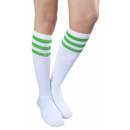 AM Landen Womens White/Green Stripe Knee High Socks Stripe Socks Cheerleader Socks Uniform Socks