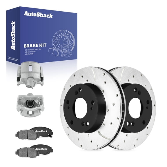 AutoShack Front Vented Drilled & Slotted E-Coated Brake Rotors   Ceramic Pads   Calipers 8-PC Brake Kit Replacement for 2006-2011 Honda Civic ShadowGuard 10.31" (261.9 mm)