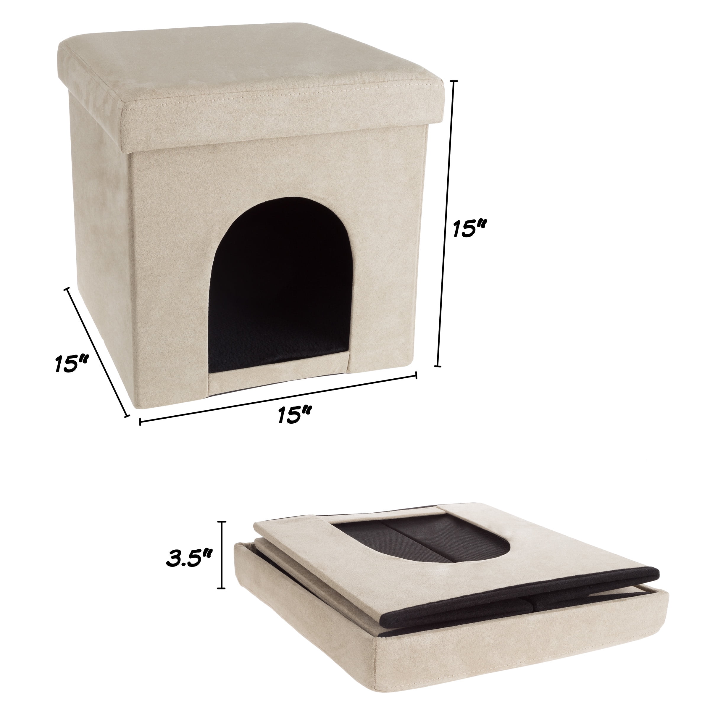 Pet House Ottoman- Collapsible Multipurpose Cat or Small Dog Bed Cube and Footrest with Cushion Top and Interior Pillow by PETMAKER (Microsuede Tan)
