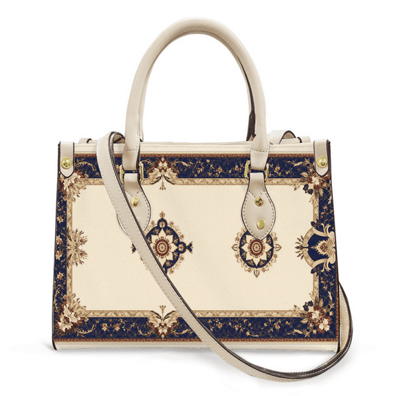 Purse Tote Bag for Women Leather Handbag, Satchel Shoulder Crossbody Top Handle Bags for Work Travel, Navy blue floral border, WHITE