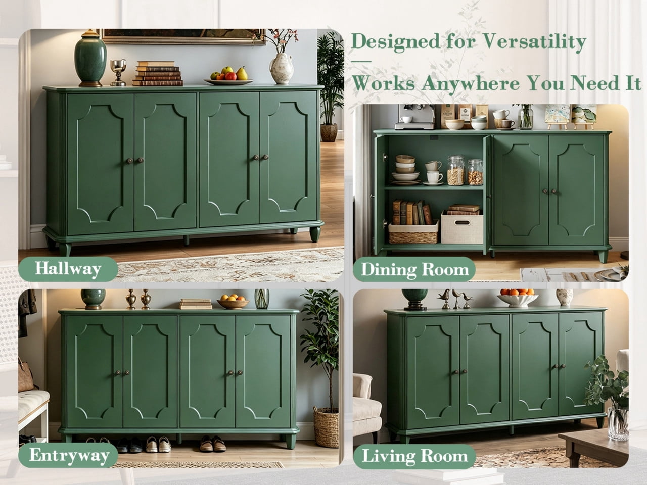 Vintage Farmhouse Buffet Sideboard Cabinet, 4 Embossed-Door Storage Cupboard, Versatile Cabinet with Adjustable Shelf