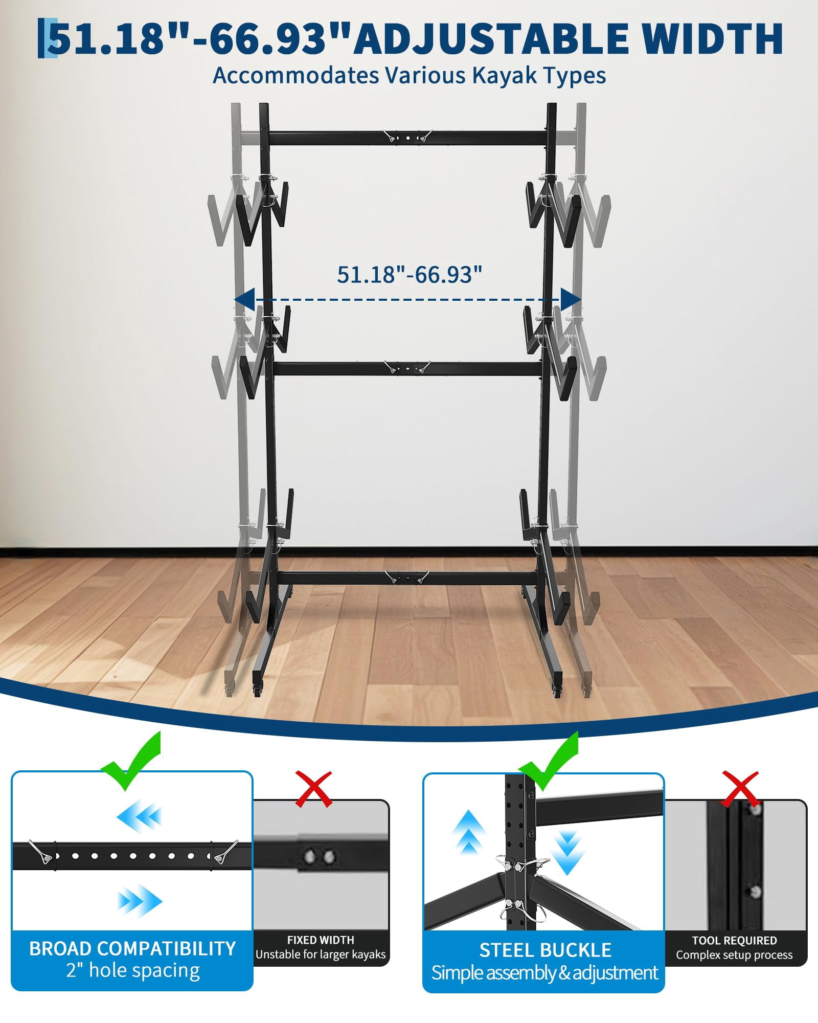3-Tier Freestanding Kayak Storage Rack -Storage Rack for Kayaks or Canoes - Premium Kayak Stand for Outdoor and Indoor - Heavy Duty Kayak Holder