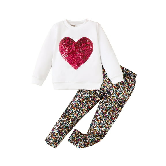 Mikrdoo Little Girls Fall Winter Outfits 5 Years Kid Girls Pants Sets Heart Pattern Long Sleeve Pullover Tops Casual Elastic Full Print Trousers 2Pcs Clothing 4-7Y White