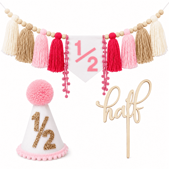 EMPIRE PARTY Supply Half Birthday Party Decoration Kit Halfway to One Pink for Girl Felt Material 3 Piece