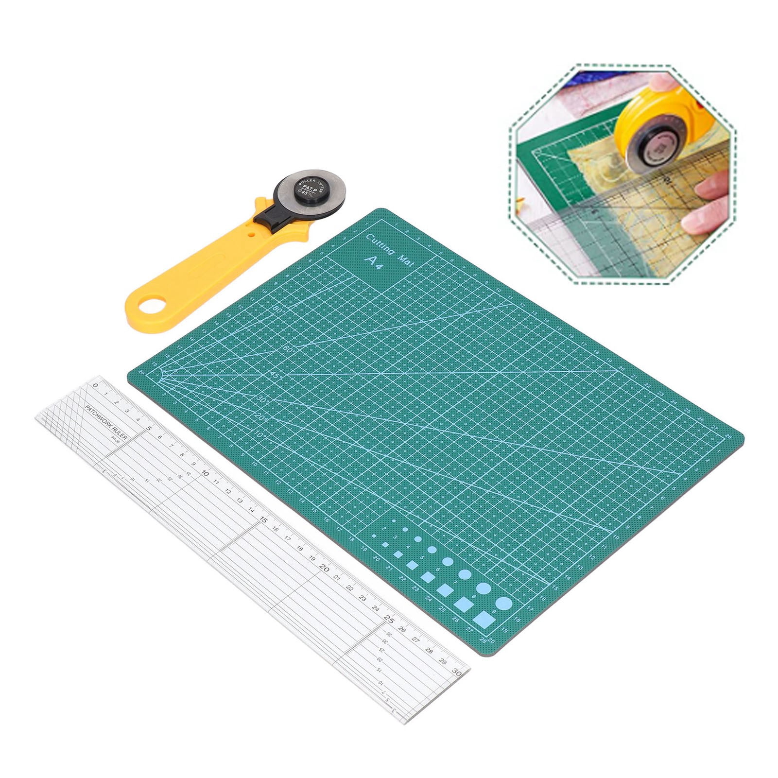 Fyydes A4 Cutting Mat,Self Healing Sewing Mat Set A4 Clear Size Safe Button Sewing Accessories with 45mm Revolving Cutter for  Crafts Quilting,Cutting Mat