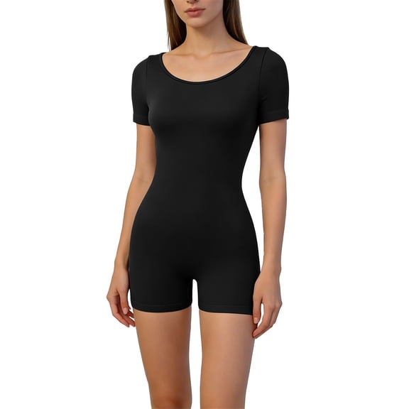 Hugcore Pj Romper Stretchy Crew Neck Short Sleeve Ribbed Jumpsuit Slim Fit Comfortable Daily Casual Home & Outdoor Romper Pajamas Black L