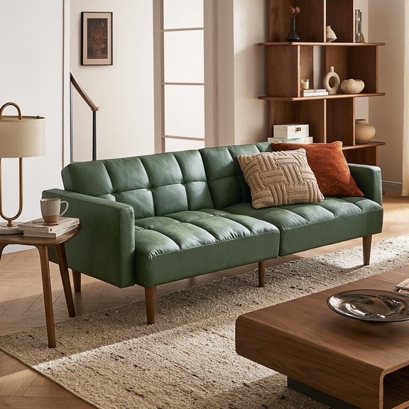 Mopio Aaron Futon Convertible Sofa Sleeper Futon with Arms Split Back Design 77.5" Sage Green Faux Leather