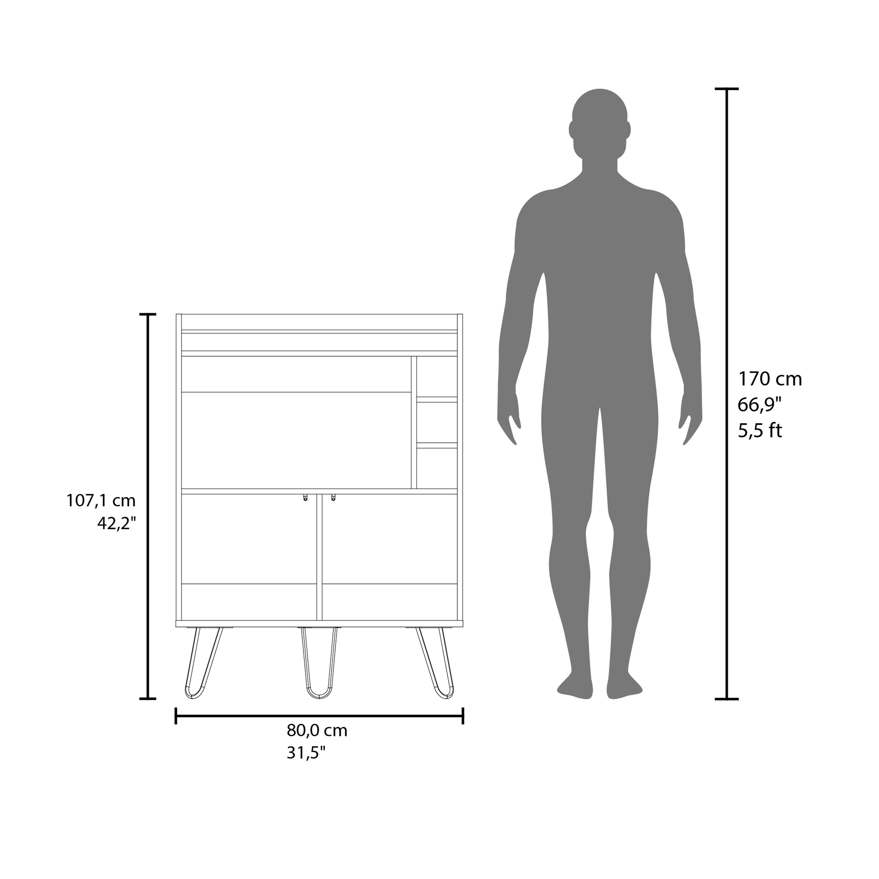 Tori 42" Tall One-Door Bar Cabinet with Three Cubbies, Three Shelves, Top Prep Surface
