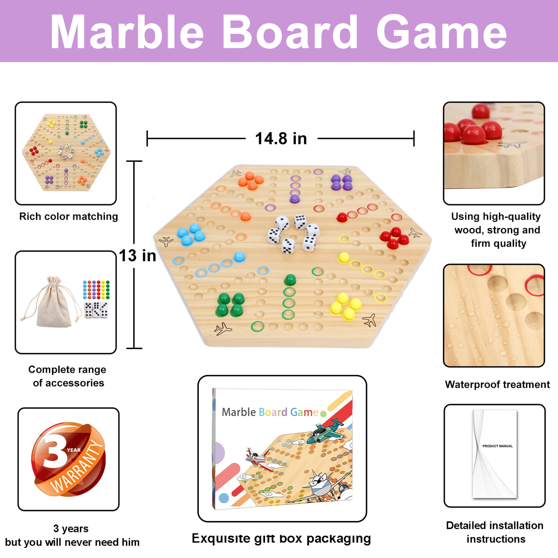 Grhonior Original Marble Game Wahoo Board Game Double Sided Painted Wooden Fast Track Board Game for 6 and 4 Players 6 Colors 24 Marbles 6 Dice for Family Friends