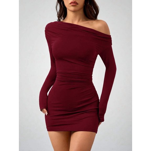 Burgundy Off-The-Shoulder Long Sleeve Ruched Bodycon Mini Dress For Women