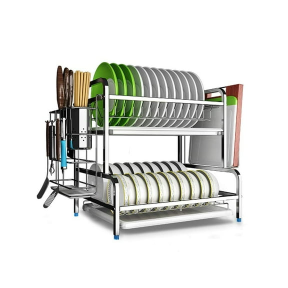 304 Stainless Steel 2 Tier Dish Rack with Drain Board Dish Drainer for Kitchen Counter with Utensil Holder, Cutting Board Holder and Knife Holder