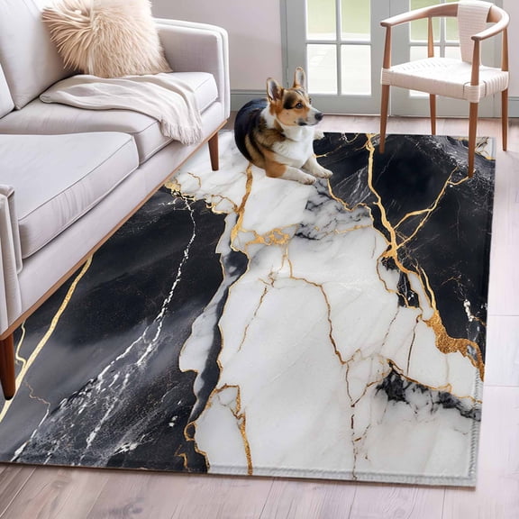 Area Rug for Living Room, Marble Black Non-Slip Indoor Large Carpet for Bedroom/Dining Room, Abstract Gold White Brick Stone Motif Washable Low-Profile Rectangle Floor Runner Rugs - 4 x 6 Ft