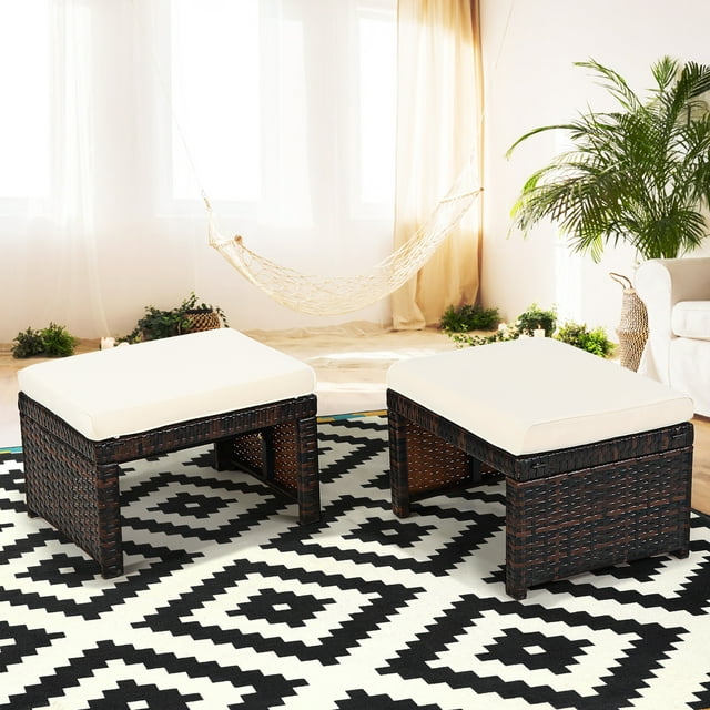 Costway 2PCS Patio Rattan Ottoman Cushioned Seat Foot Rest Furniture White