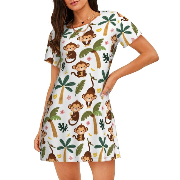 Fotbe Monkeys Swinging from Palms Bata de Dormir para Mujer con Estampado, Camisón de Algodón de Manga Corta, Ropa de Dormir Casual