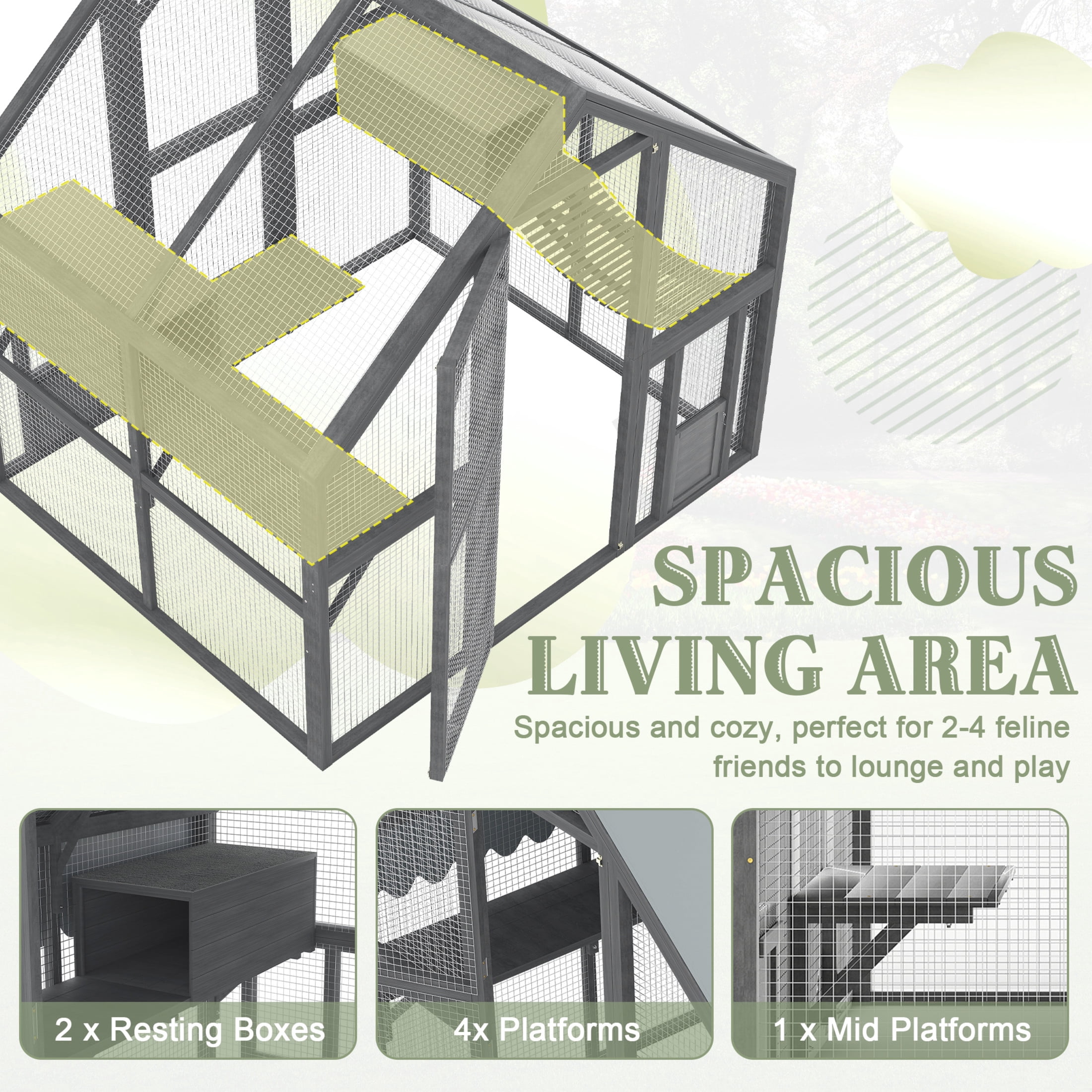 Noble House Outdoor Cat Enclosure, Wood Catio with 2 Platforms, 1 Bridge, and 2 Resting Boxes, Waterproof Canopy, Gray