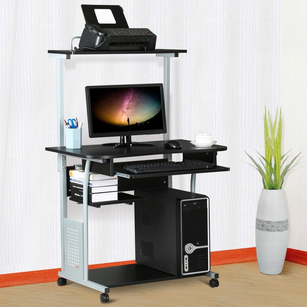 Topeakmart 2 Tiers Rolling Computer Desk Study Table with Printer Shelf