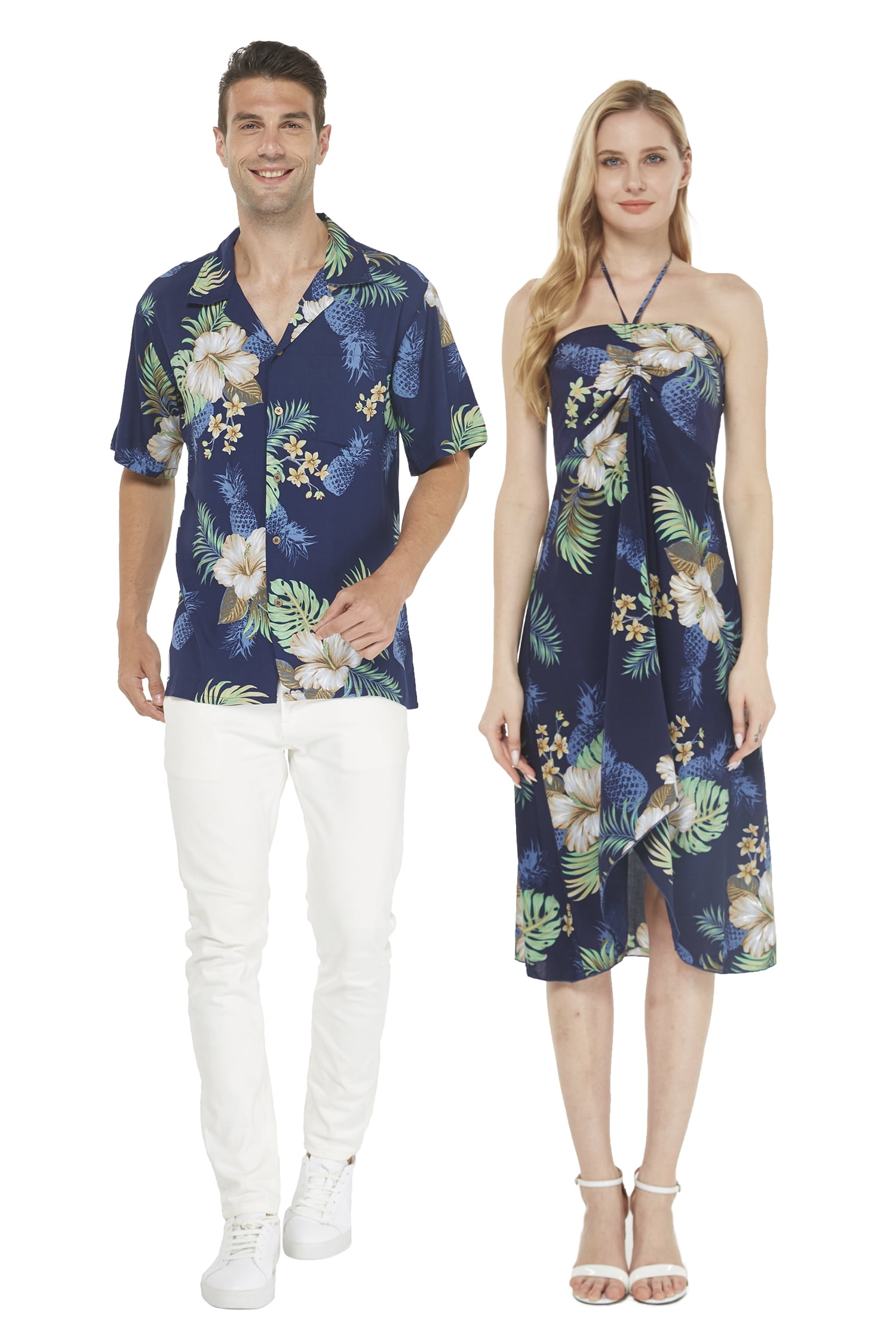 Couple Matching Hawaiian Luau Shirt and Halter Dress in Tropical