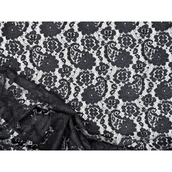 Embroidered Stretch Lace Apparel Fabric Sheer Paisley Floral Black GG204