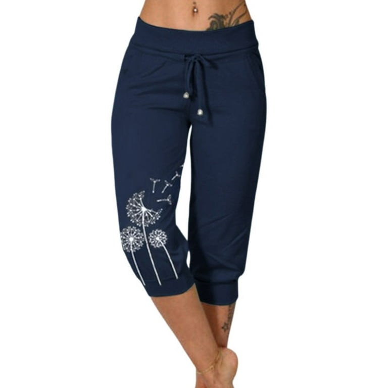 HDE Pull On Capri Pants For Women with Pockets Elastic Waist Cropped Pants  Navy Blue - L