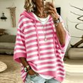 thumbnail image 2 of Womens Hoodies Sweaters Oversized Hooded Side Slit Knit Fall Clothes for Women 3/4 Sleeve Striped Trendy Lightweight Cozy Casual Drawstring Sweater Top Pink XL, 2 of 7