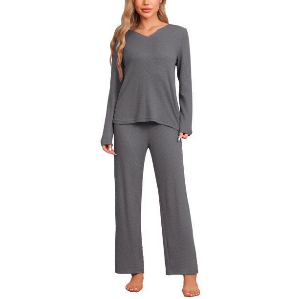 Pijamas de mujer INSPIRE CHIC, conjunto de sudadera suave de waffle, de manga larga, cuello en V, para otoño e invierno, talla XS, gris