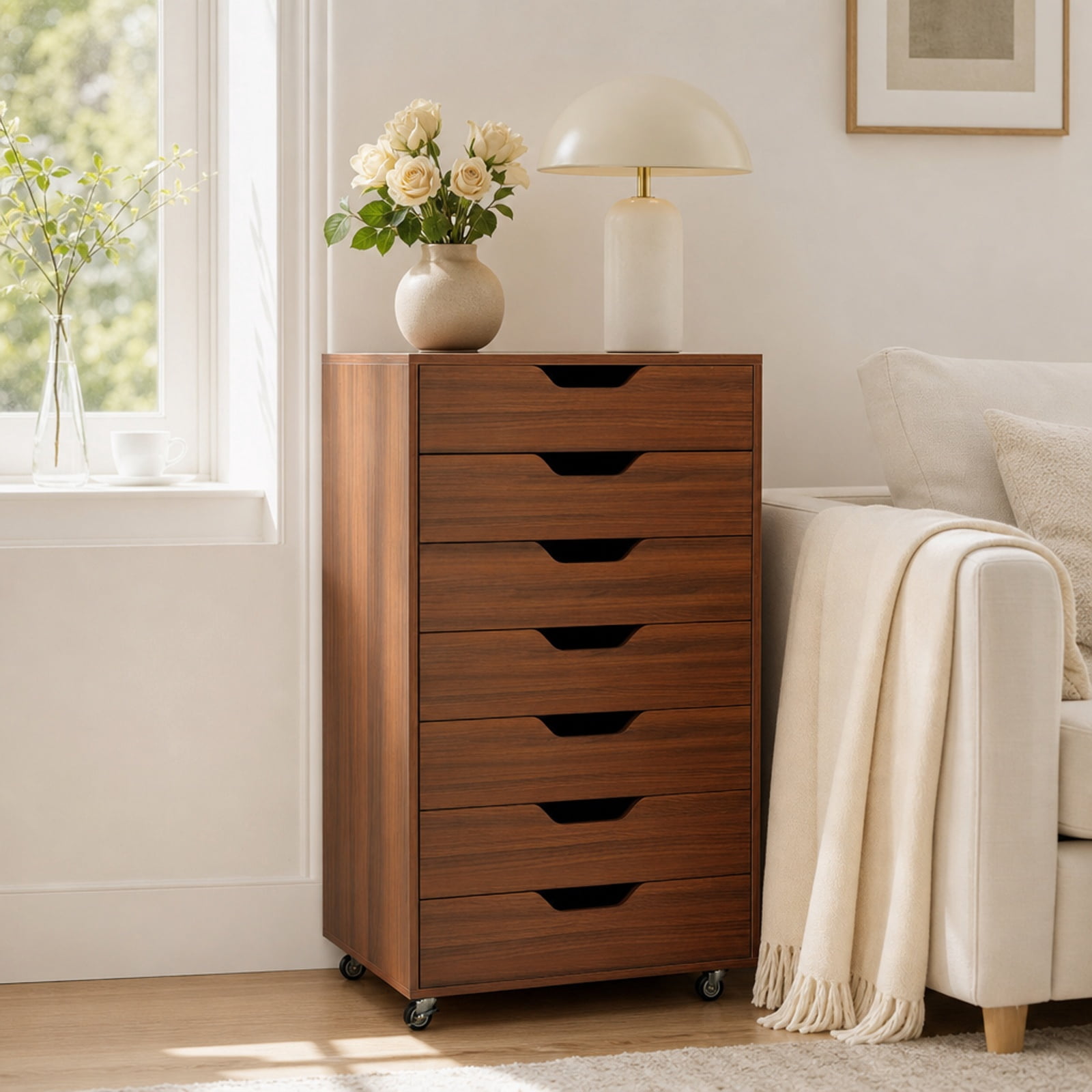 Furnibear 7-Drawer Chest Wooden Storage Dresser with Lockable Wheels for Home Office Filing Document Letter Legal Storage, Walnut