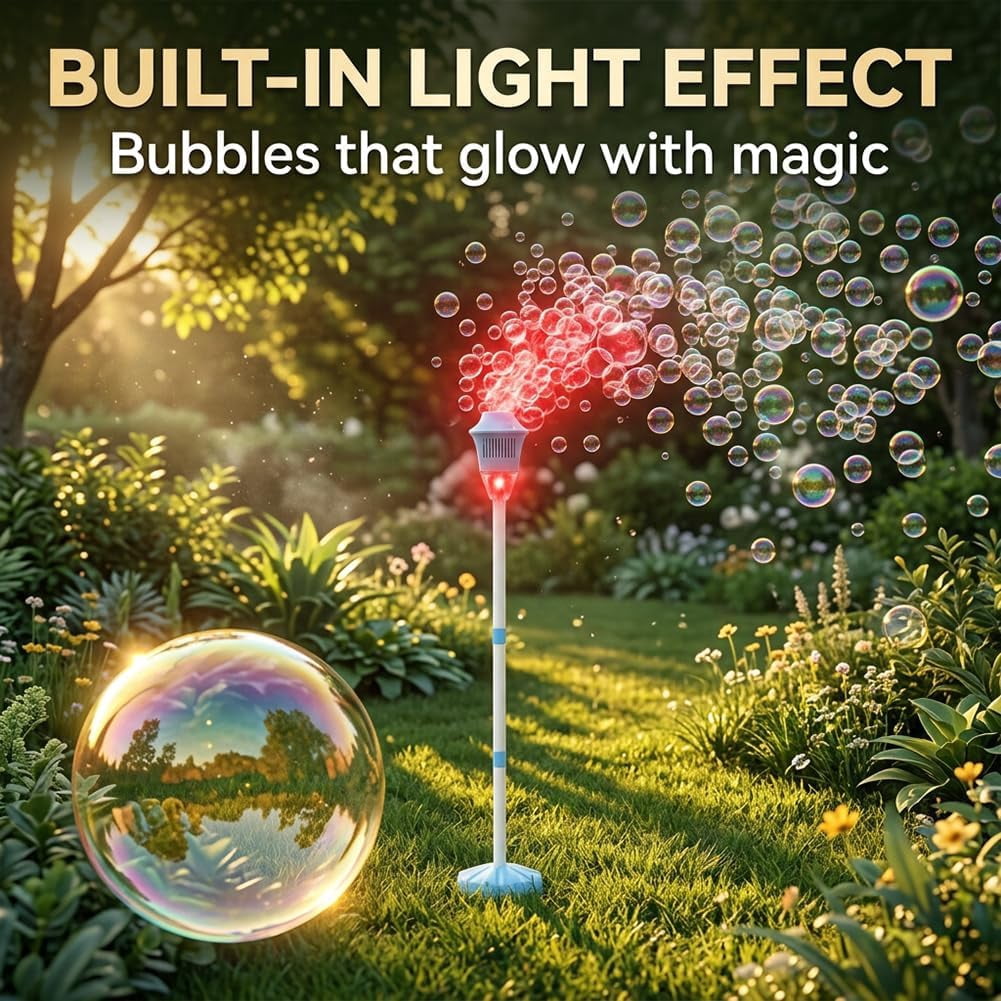 Guvpev 2026 Upgraded Automatic Standing Bubble Machine, 3-Level Height Adjustable Up to 45 Inches, Portable Bubble Maker with Lights & Music for Outdoor Party, Wedding, Summer, Unique Gifts