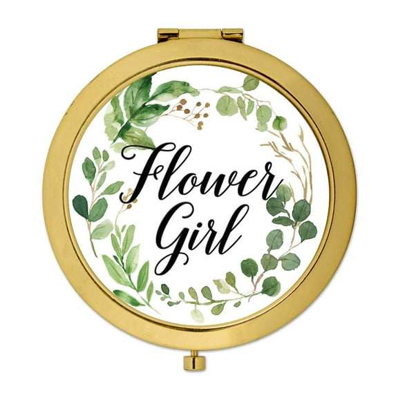 Koyal Wholesale Compact Mirror Flower Girl Wedding Gift, Gold, Greenery Green Leaves, 1-Pack