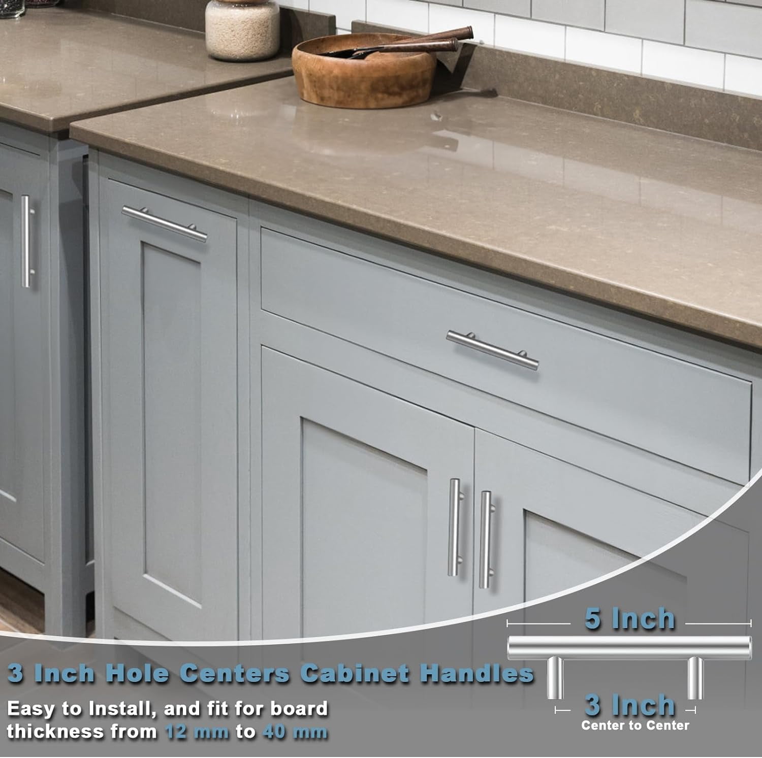 30 Pack Brushed Nickel Cabinet Handles 3 Inch Hole Center Drawer Pulls Stainless Steel Cabinet Pulls Silver Kitchen Handles Cabinet Hardware for Drawers, Cupboards - 5" Length, 3" Hole Center
