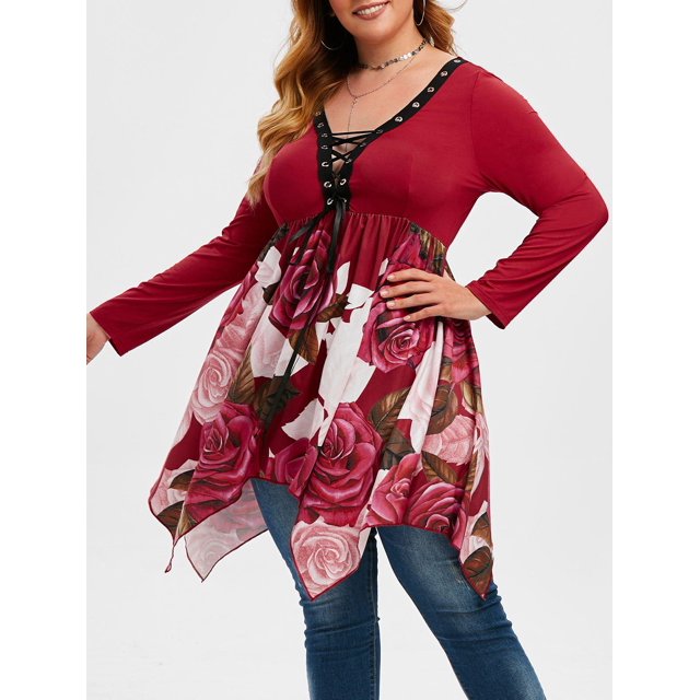 Floral ata para arriba el pañuelo más tapa del tamaño Rosegal Mangas largas de talla grande
